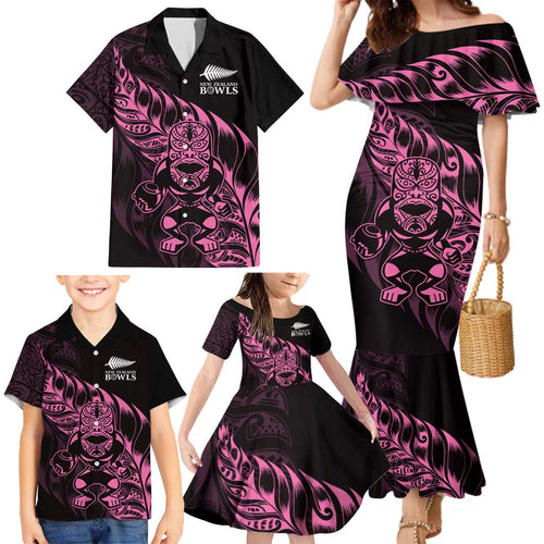 New Zealand Lawn Bowls Custom Family Matching Mermaid Dress and Hawaiian Shirt Pink Maori Warrior Tribal Silver Fern - Aussie Hoodie