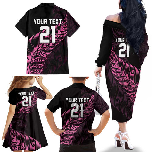 New Zealand Lawn Bowls Custom Family Matching Off The Shoulder Long Sleeve Dress and Hawaiian Shirt Pink Maori Warrior Tribal Silver Fern - Aussie Hoodie