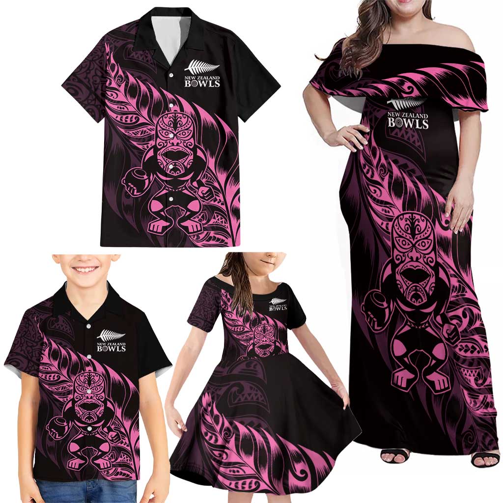 New Zealand Lawn Bowls Custom Family Matching Off Shoulder Maxi Dress and Hawaiian Shirt Pink Maori Warrior Tribal Silver Fern - Aussie Hoodie