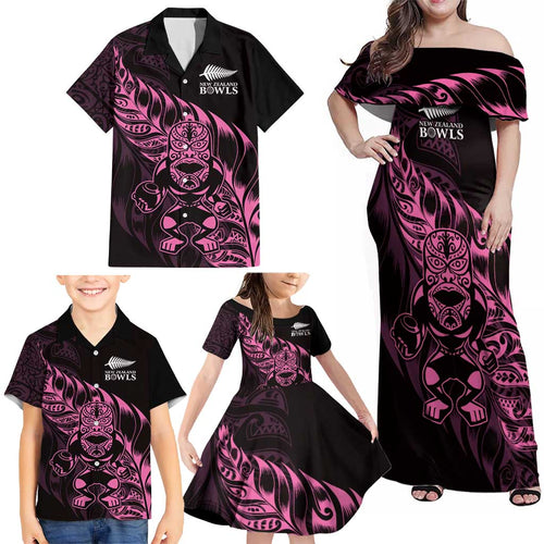 New Zealand Lawn Bowls Custom Family Matching Off Shoulder Maxi Dress and Hawaiian Shirt Pink Maori Warrior Tribal Silver Fern - Aussie Hoodie