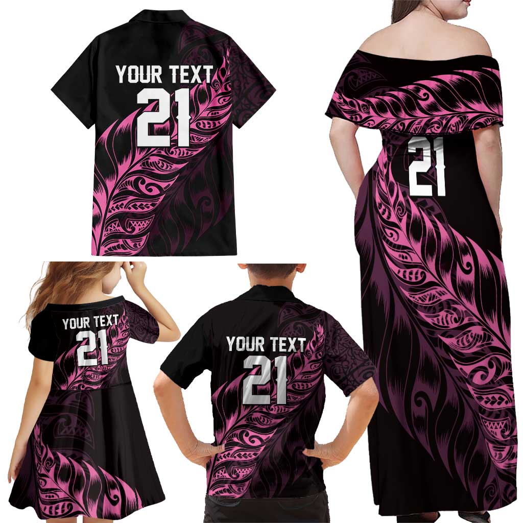 New Zealand Lawn Bowls Custom Family Matching Off Shoulder Maxi Dress and Hawaiian Shirt Pink Maori Warrior Tribal Silver Fern - Aussie Hoodie