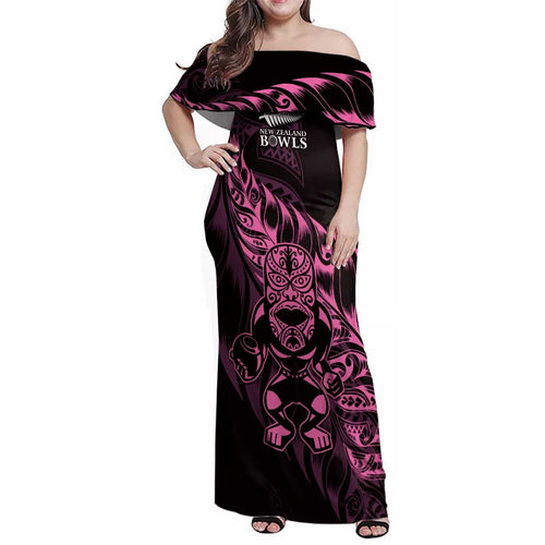 New Zealand Lawn Bowls Custom Family Matching Off Shoulder Maxi Dress and Hawaiian Shirt Pink Maori Warrior Tribal Silver Fern - Aussie Hoodie