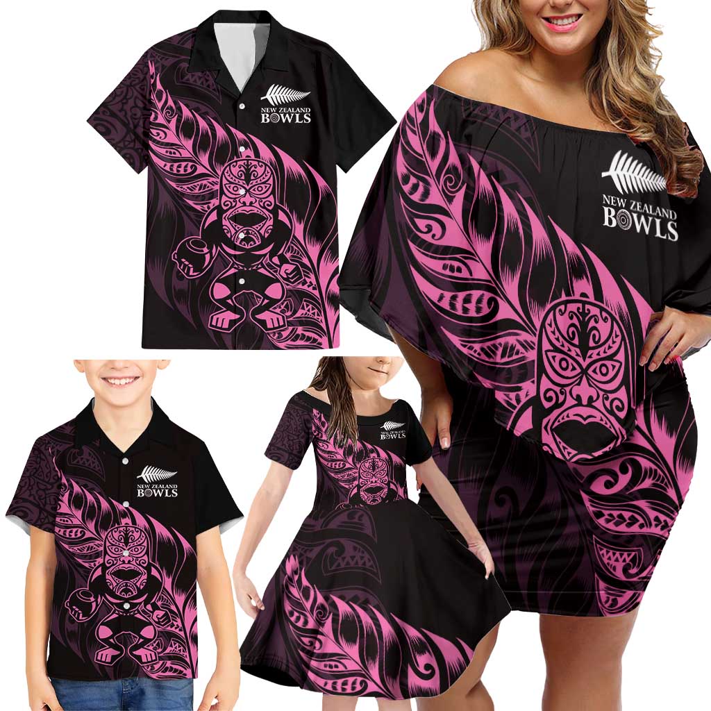 New Zealand Lawn Bowls Custom Family Matching Off Shoulder Short Dress and Hawaiian Shirt Pink Maori Warrior Tribal Silver Fern - Aussie Hoodie