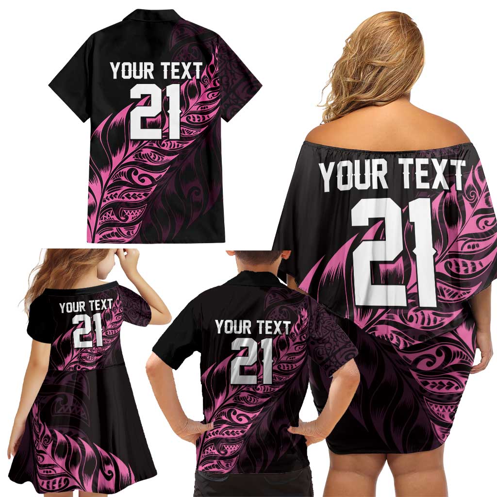 New Zealand Lawn Bowls Custom Family Matching Off Shoulder Short Dress and Hawaiian Shirt Pink Maori Warrior Tribal Silver Fern - Aussie Hoodie
