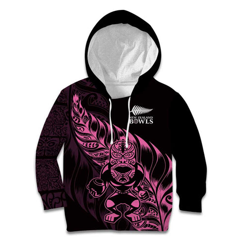 New Zealand Lawn Bowls Custom Kid Hoodie Pink Maori Warrior Tribal Silver Fern - Aussie Hoodie