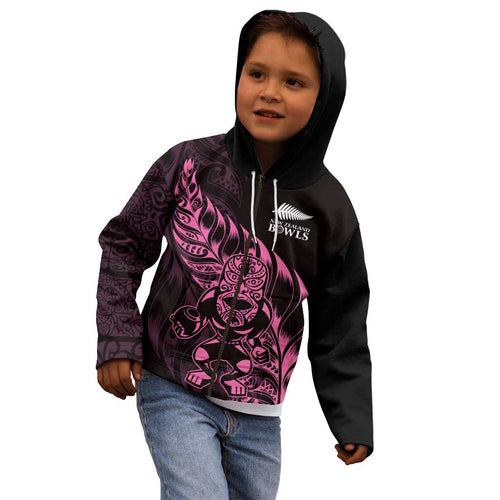 New Zealand Lawn Bowls Custom Kid Hoodie Pink Maori Warrior Tribal Silver Fern - Aussie Hoodie