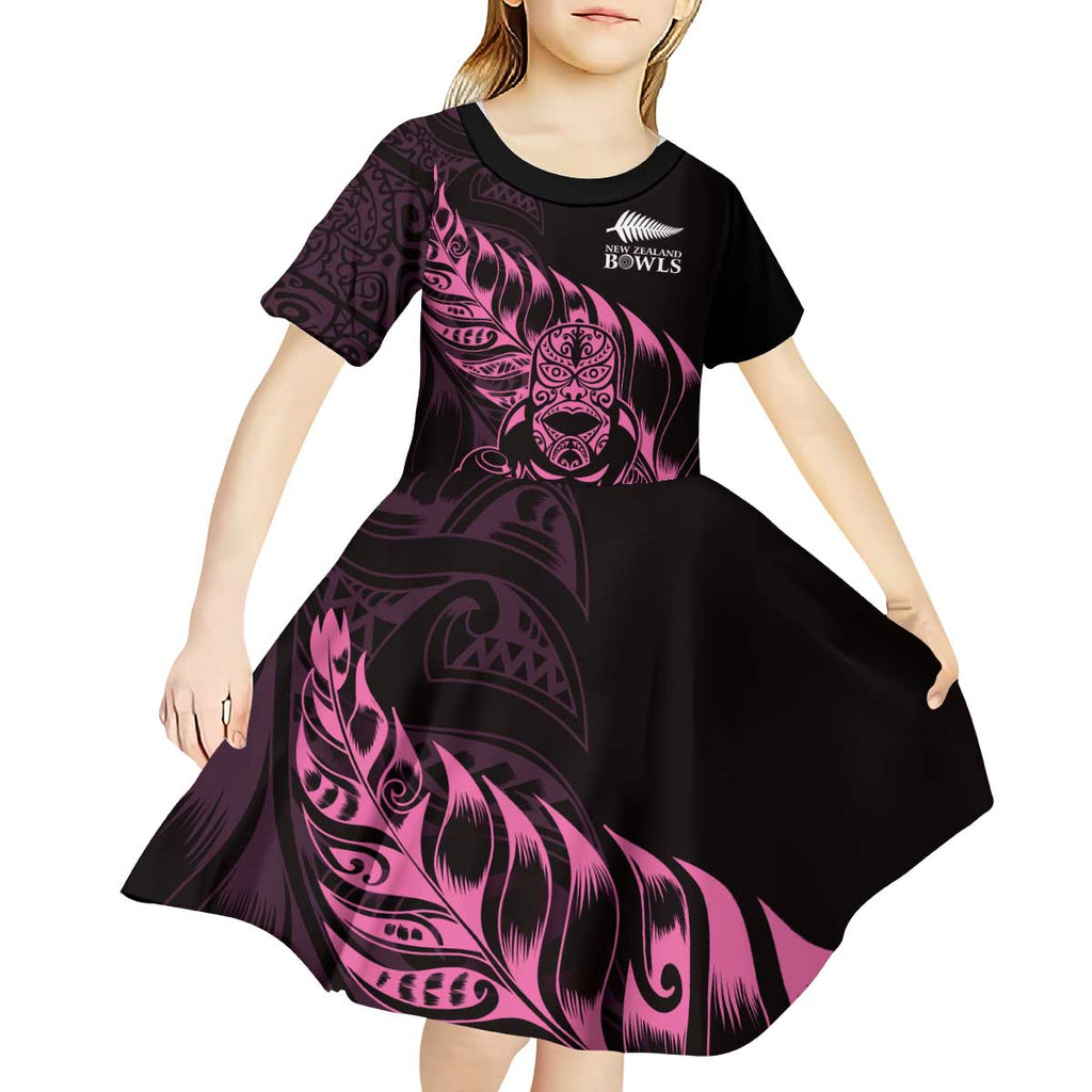 New Zealand Lawn Bowls Custom Kid Short Sleeve Dress Pink Maori Warrior Tribal Silver Fern - Aussie Hoodie