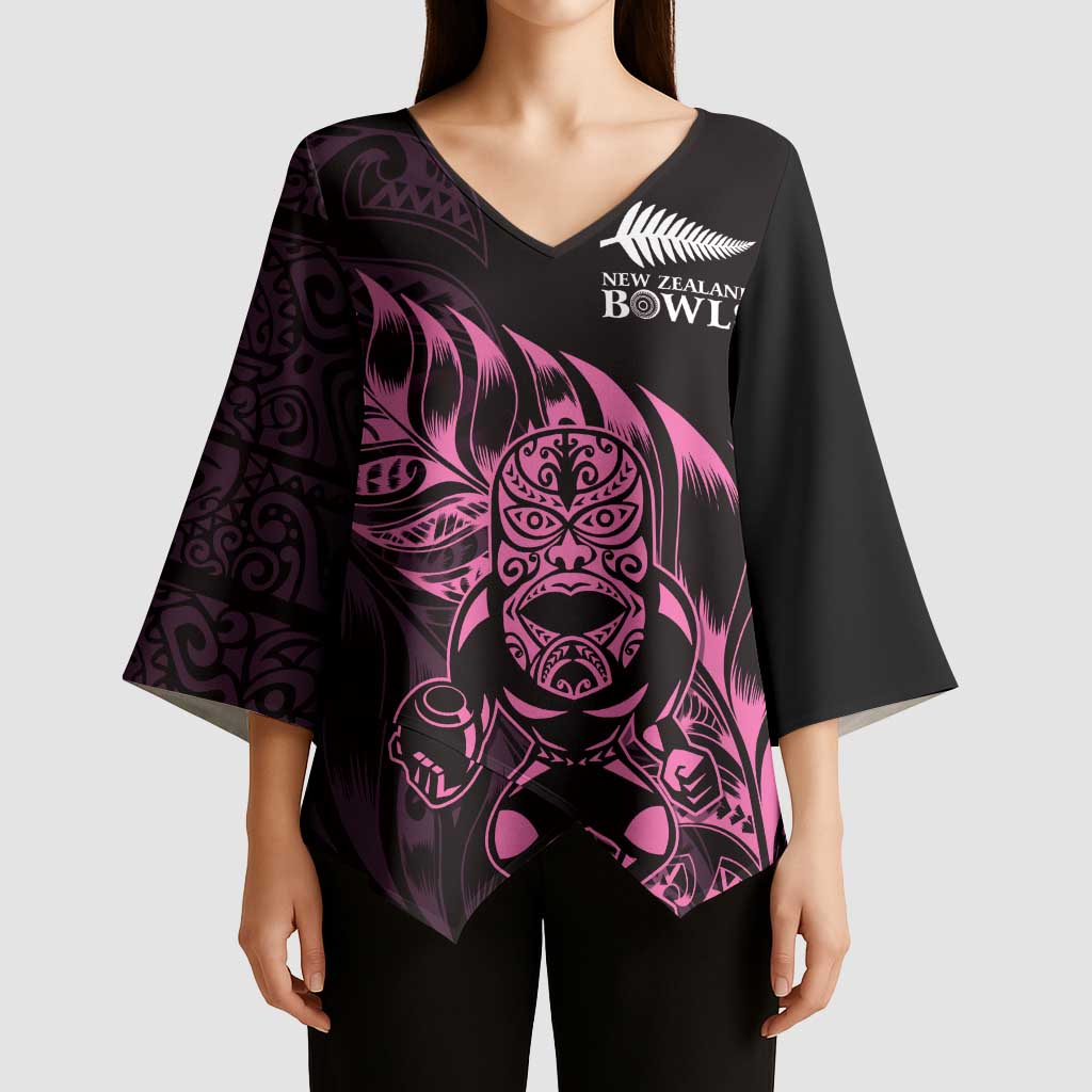 New Zealand Lawn Bowls Custom Kimono Sleeve Blouse Pink Maori Warrior Tribal Silver Fern - Aussie Hoodie