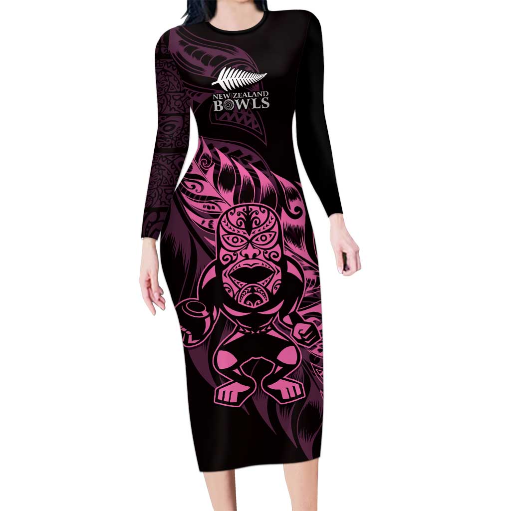 New Zealand Lawn Bowls Custom Long Sleeve Bodycon Dress Pink Maori Warrior Tribal Silver Fern - Aussie Hoodie