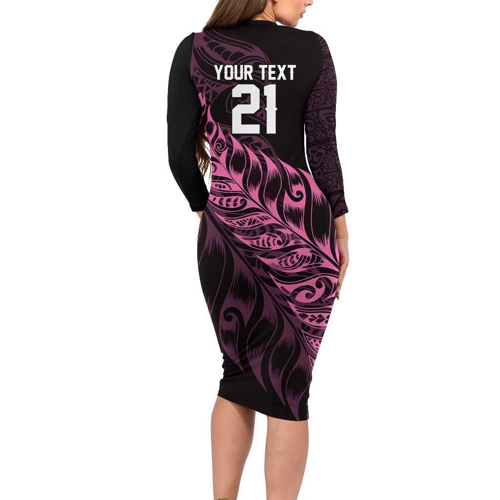 New Zealand Lawn Bowls Custom Long Sleeve Bodycon Dress Pink Maori Warrior Tribal Silver Fern - Aussie Hoodie