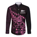 New Zealand Lawn Bowls Custom Long Sleeve Button Shirt Pink Maori Warrior Tribal Silver Fern - Aussie Hoodie