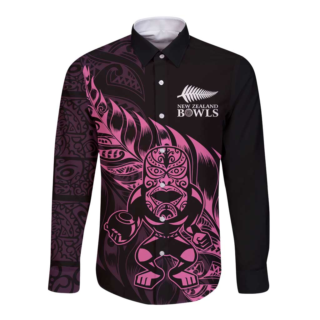 New Zealand Lawn Bowls Custom Long Sleeve Button Shirt Pink Maori Warrior Tribal Silver Fern - Aussie Hoodie