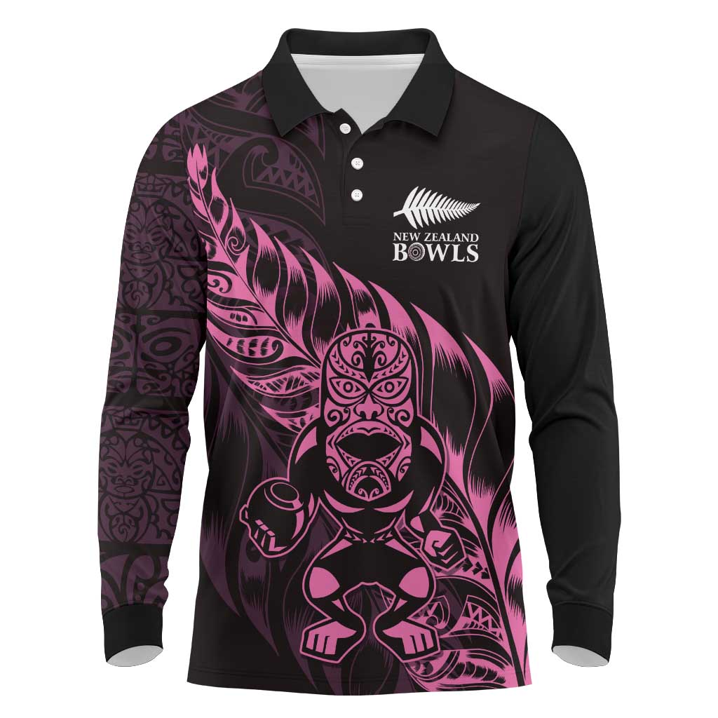 New Zealand Lawn Bowls Custom Long Sleeve Polo Shirt Pink Maori Warrior Tribal Silver Fern - Aussie Hoodie