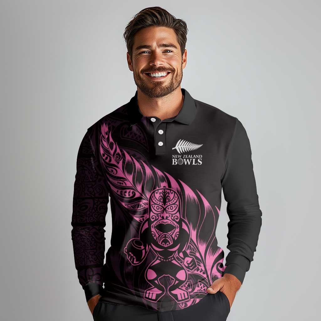 New Zealand Lawn Bowls Custom Long Sleeve Polo Shirt Pink Maori Warrior Tribal Silver Fern - Aussie Hoodie