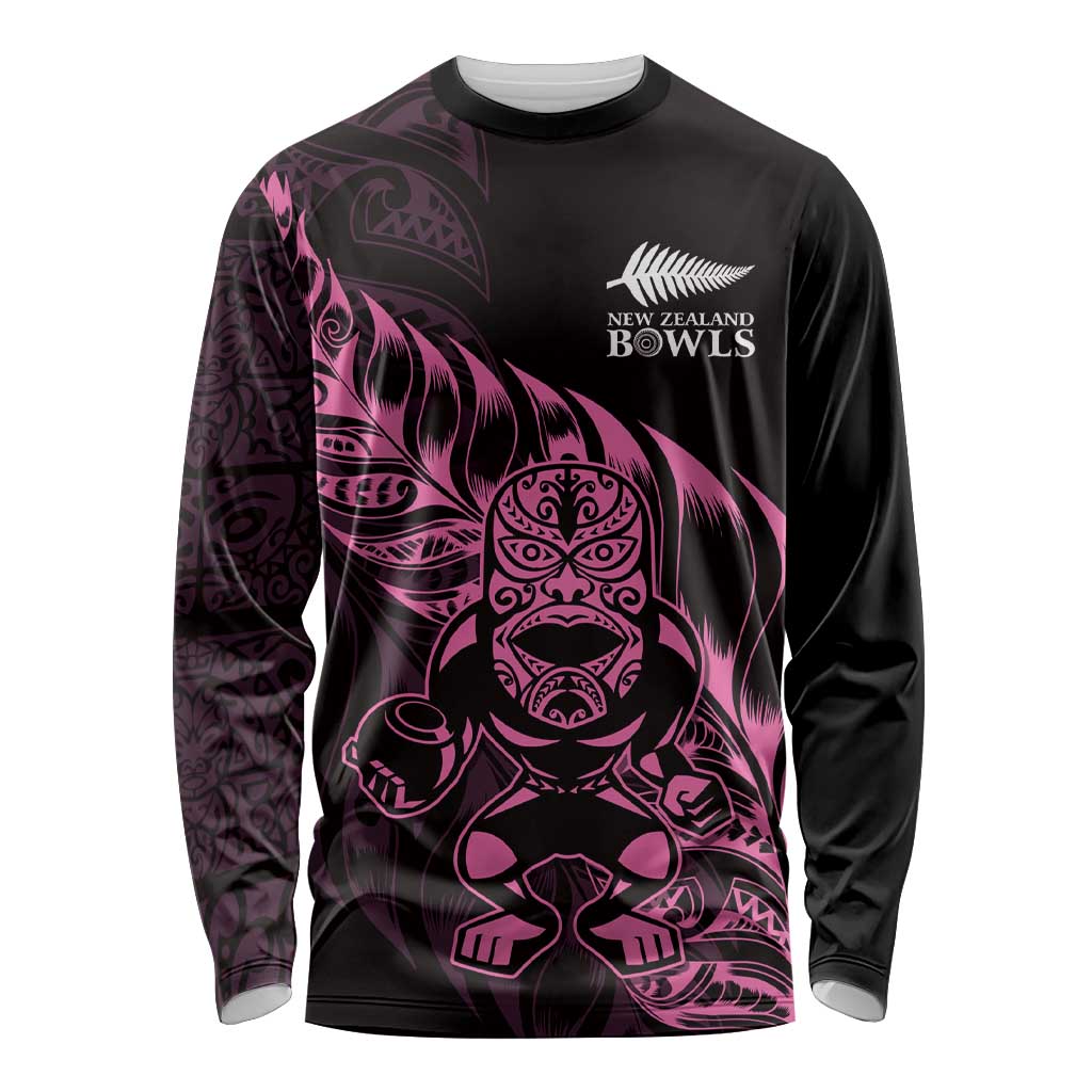 New Zealand Lawn Bowls Custom Long Sleeve Shirt Pink Maori Warrior Tribal Silver Fern - Aussie Hoodie