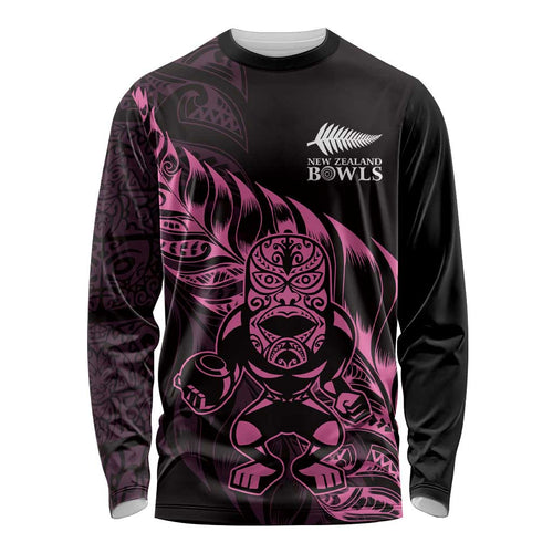 New Zealand Lawn Bowls Custom Long Sleeve Shirt Pink Maori Warrior Tribal Silver Fern - Aussie Hoodie