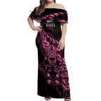 New Zealand Lawn Bowls Custom Off Shoulder Maxi Dress Pink Maori Warrior Tribal Silver Fern - Aussie Hoodie