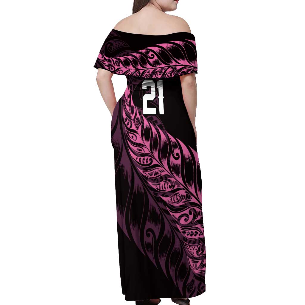 New Zealand Lawn Bowls Custom Off Shoulder Maxi Dress Pink Maori Warrior Tribal Silver Fern - Aussie Hoodie