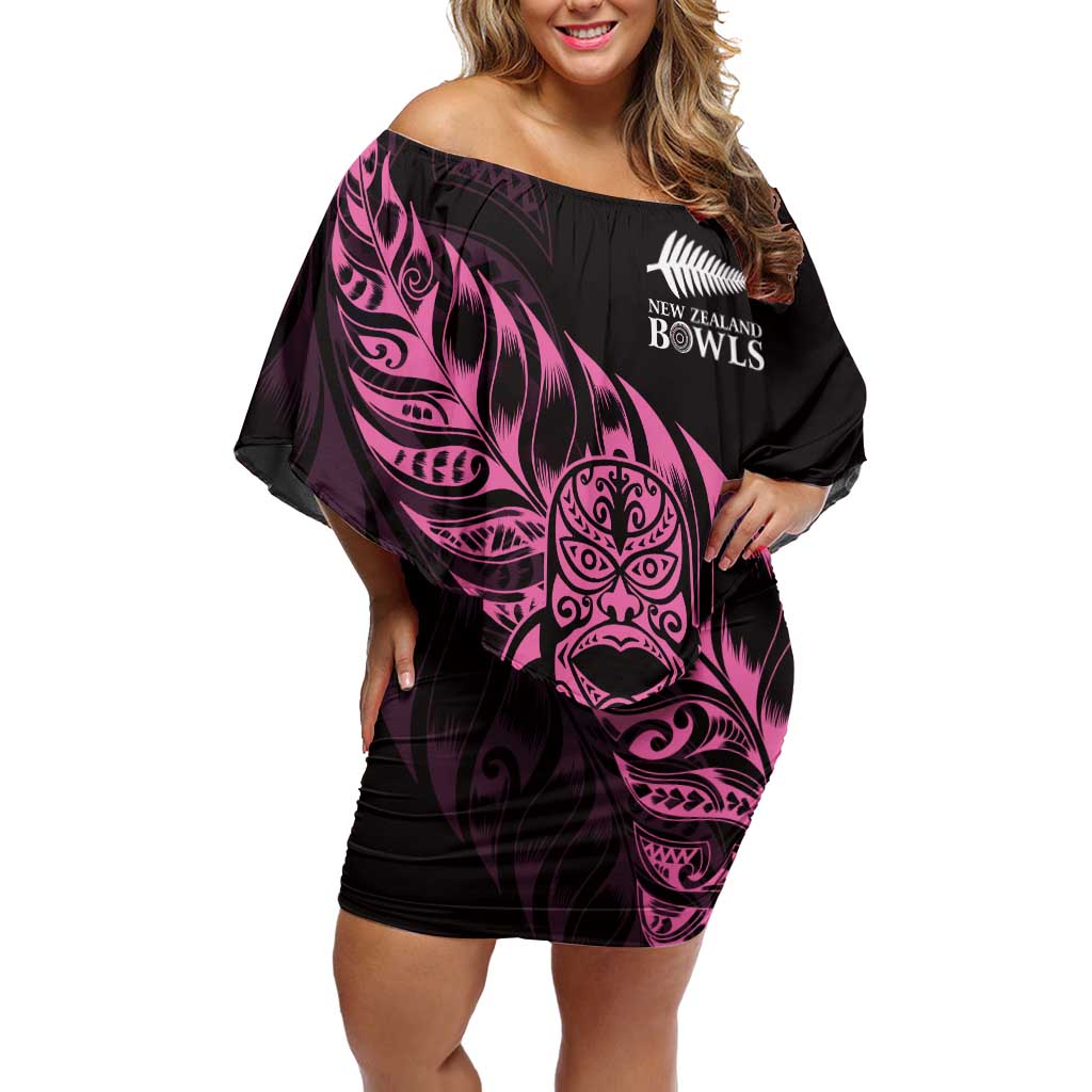 New Zealand Lawn Bowls Custom Off Shoulder Short Dress Pink Maori Warrior Tribal Silver Fern - Aussie Hoodie