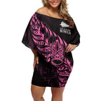 New Zealand Lawn Bowls Custom Off Shoulder Short Dress Pink Maori Warrior Tribal Silver Fern - Aussie Hoodie