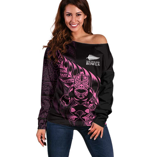 New Zealand Lawn Bowls Custom Off Shoulder Sweater Pink Maori Warrior Tribal Silver Fern - Aussie Hoodie
