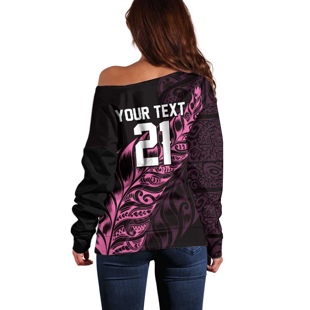New Zealand Lawn Bowls Custom Off Shoulder Sweater Pink Maori Warrior Tribal Silver Fern - Aussie Hoodie