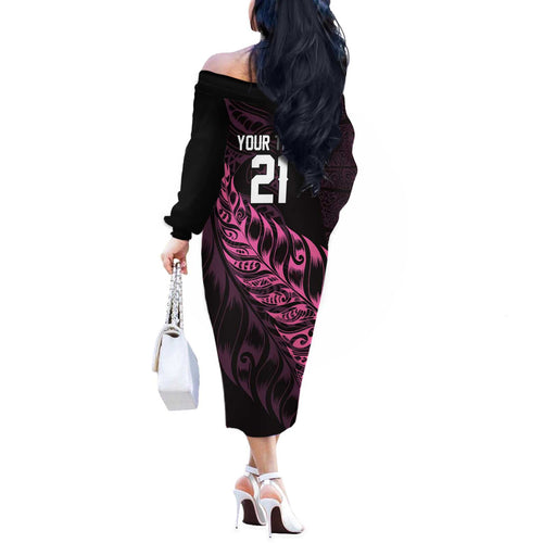 New Zealand Lawn Bowls Custom Off The Shoulder Long Sleeve Dress Pink Maori Warrior Tribal Silver Fern - Aussie Hoodie