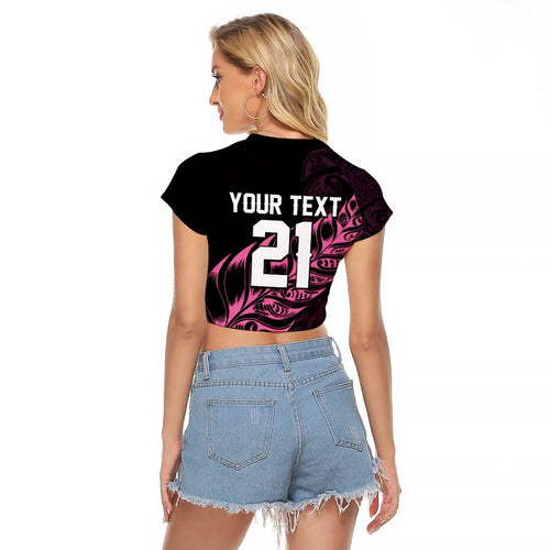 New Zealand Lawn Bowls Custom Raglan Cropped T Shirt Pink Maori Warrior Tribal Silver Fern - Aussie Hoodie