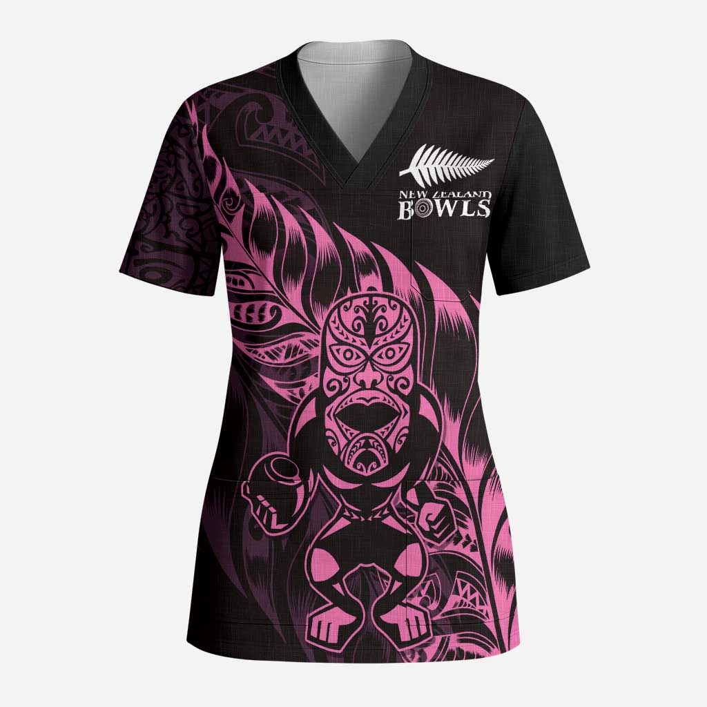 New Zealand Lawn Bowls Custom Scrub Top Pink Maori Warrior Tribal Silver Fern - Aussie Hoodie
