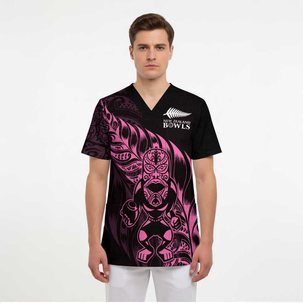 New Zealand Lawn Bowls Custom Scrub Top Pink Maori Warrior Tribal Silver Fern - Aussie Hoodie