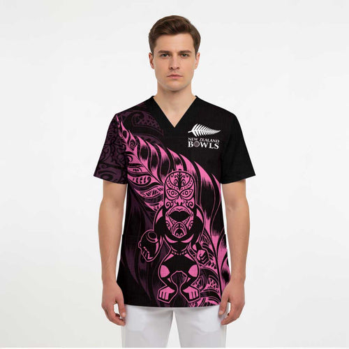 New Zealand Lawn Bowls Custom Scrub Top Pink Maori Warrior Tribal Silver Fern - Aussie Hoodie