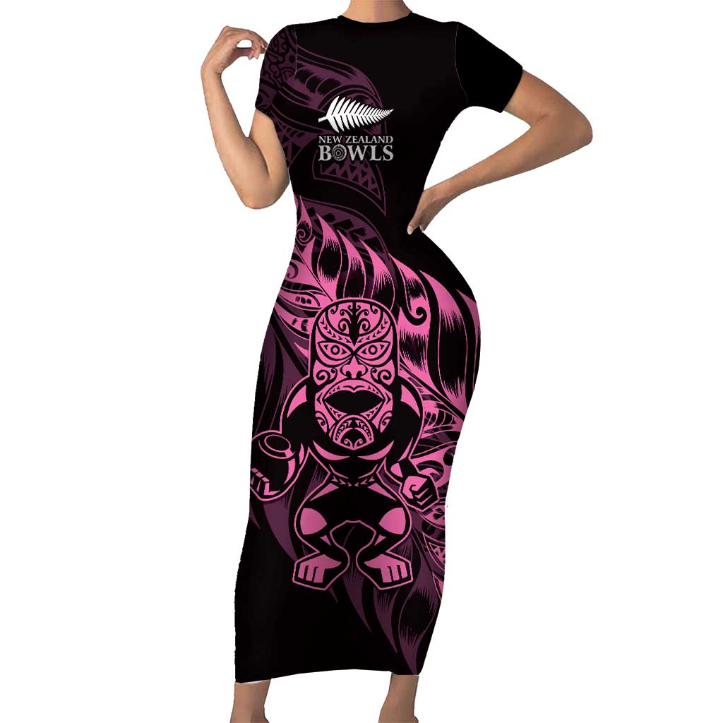 New Zealand Lawn Bowls Custom Short Sleeve Bodycon Dress Pink Maori Warrior Tribal Silver Fern - Aussie Hoodie