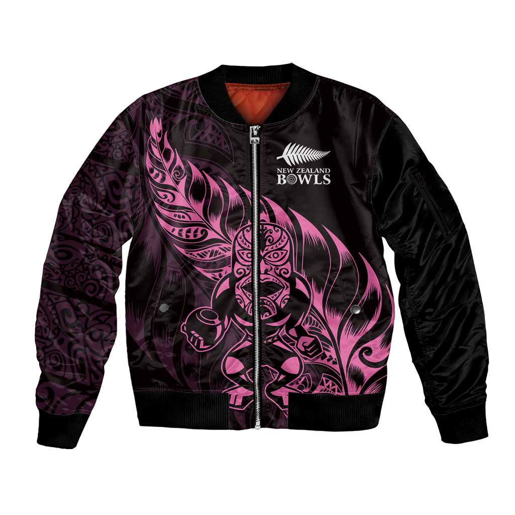New Zealand Lawn Bowls Custom Sleeve Zip Bomber Jacket Pink Maori Warrior Tribal Silver Fern - Aussie Hoodie