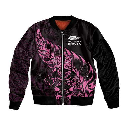 New Zealand Lawn Bowls Custom Sleeve Zip Bomber Jacket Pink Maori Warrior Tribal Silver Fern - Aussie Hoodie