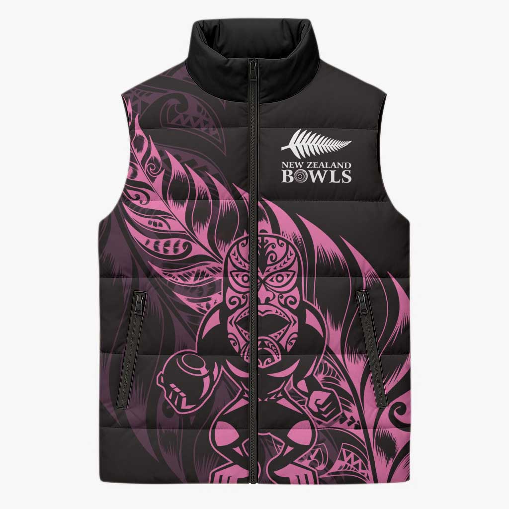New Zealand Lawn Bowls Custom Sleeveless Puffer Jacket Pink Maori Warrior Tribal Silver Fern - Aussie Hoodie