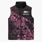 New Zealand Lawn Bowls Custom Sleeveless Puffer Jacket Pink Maori Warrior Tribal Silver Fern - Aussie Hoodie