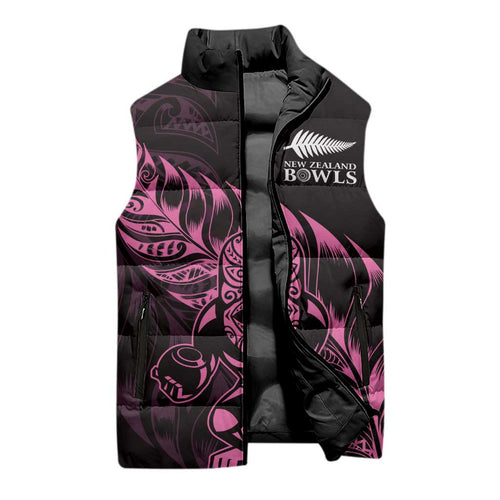 New Zealand Lawn Bowls Custom Sleeveless Puffer Jacket Pink Maori Warrior Tribal Silver Fern - Aussie Hoodie