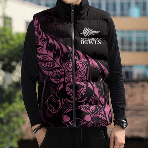 New Zealand Lawn Bowls Custom Sleeveless Puffer Jacket Pink Maori Warrior Tribal Silver Fern - Aussie Hoodie