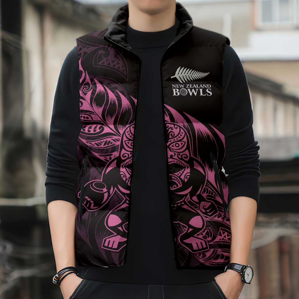 New Zealand Lawn Bowls Custom Sleeveless Puffer Jacket Pink Maori Warrior Tribal Silver Fern - Aussie Hoodie