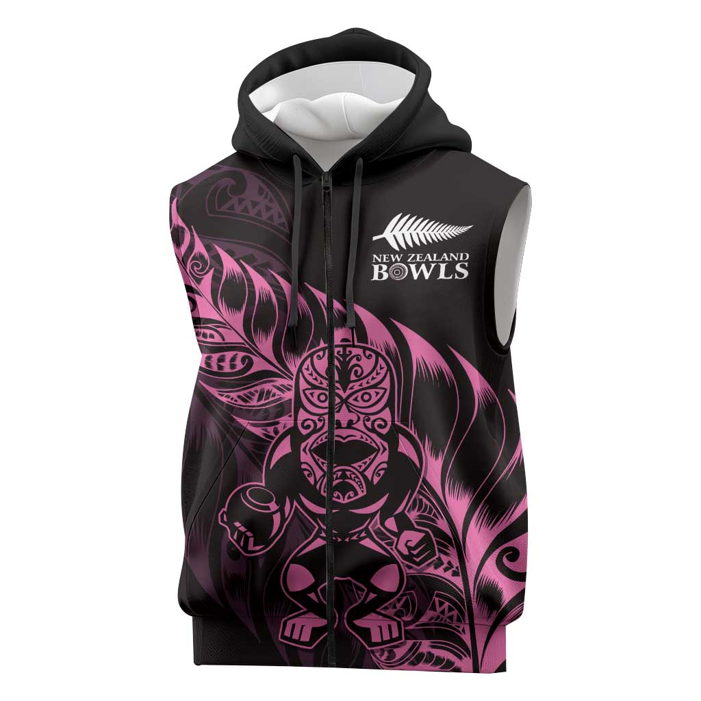 New Zealand Lawn Bowls Custom Sleeveless Zip Hoodie Pink Maori Warrior Tribal Silver Fern LT9