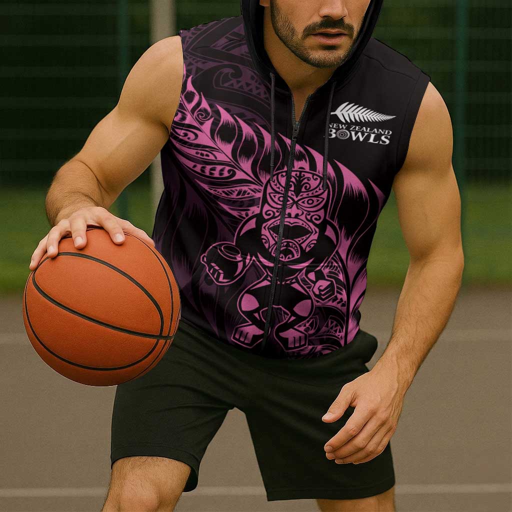 New Zealand Lawn Bowls Custom Sleeveless Zip Hoodie Pink Maori Warrior Tribal Silver Fern LT9