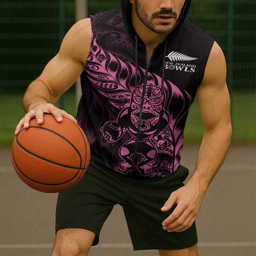 New Zealand Lawn Bowls Custom Sleeveless Zip Hoodie Pink Maori Warrior Tribal Silver Fern LT9