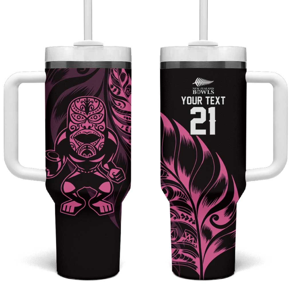 New Zealand Lawn Bowls Custom Tumbler With Handle Pink Maori Warrior Tribal Silver Fern - Aussie Hoodie