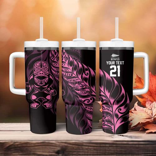 New Zealand Lawn Bowls Custom Tumbler With Handle Pink Maori Warrior Tribal Silver Fern - Aussie Hoodie