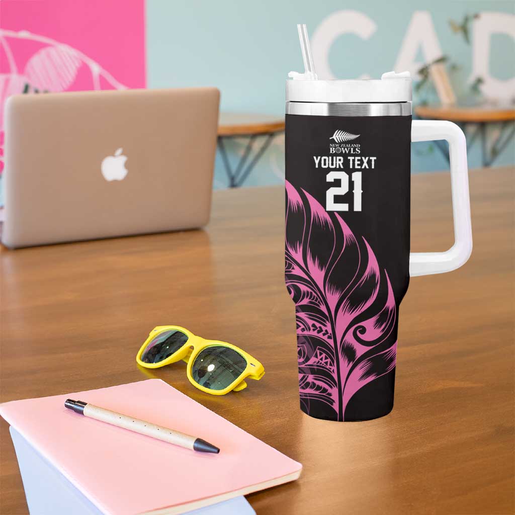 New Zealand Lawn Bowls Custom Tumbler With Handle Pink Maori Warrior Tribal Silver Fern - Aussie Hoodie
