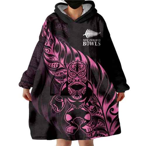New Zealand Lawn Bowls Custom Wearable Blanket Hoodie Pink Maori Warrior Tribal Silver Fern - Aussie Hoodie
