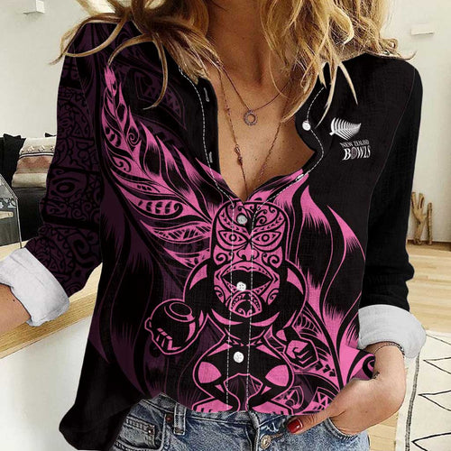 New Zealand Lawn Bowls Custom Women Casual Shirt Pink Maori Warrior Tribal Silver Fern - Aussie Hoodie