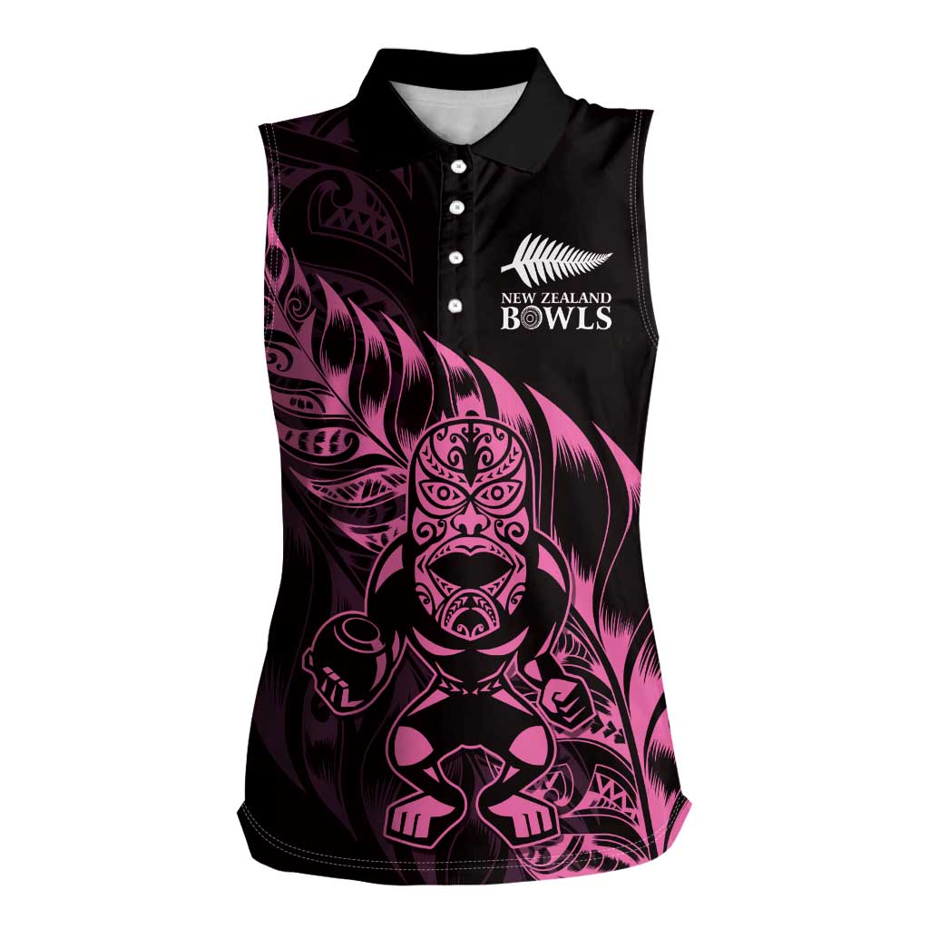 New Zealand Lawn Bowls Custom Women Sleeveless Polo Shirt Pink Maori Warrior Tribal Silver Fern - Aussie Hoodie