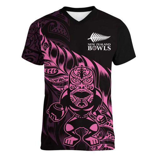 New Zealand Lawn Bowls Custom Women V-Neck T-Shirt Pink Maori Warrior Tribal Silver Fern - Aussie Hoodie