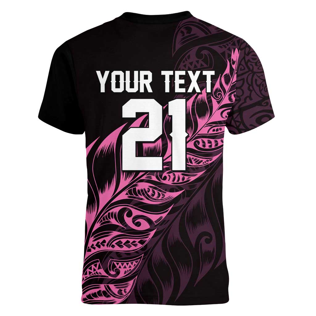 New Zealand Lawn Bowls Custom Women V-Neck T-Shirt Pink Maori Warrior Tribal Silver Fern - Aussie Hoodie